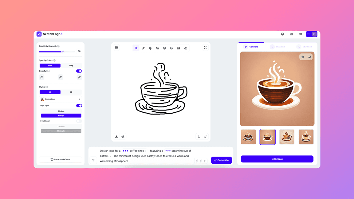 A coffee shop logo with a cup of coffee created by Sketch Logo AI