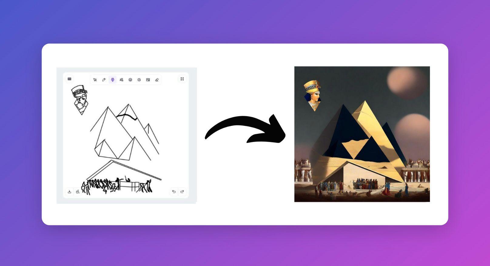 Pyramid illustration with a Cleopatra-like figure in the background