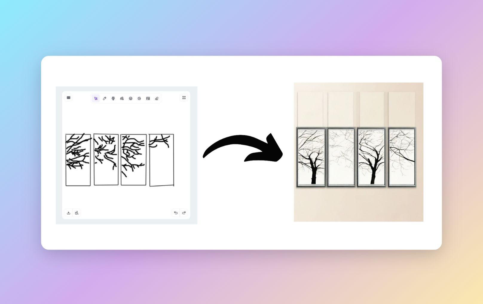 A home decor illustration of a tree, inside three sepereate frames