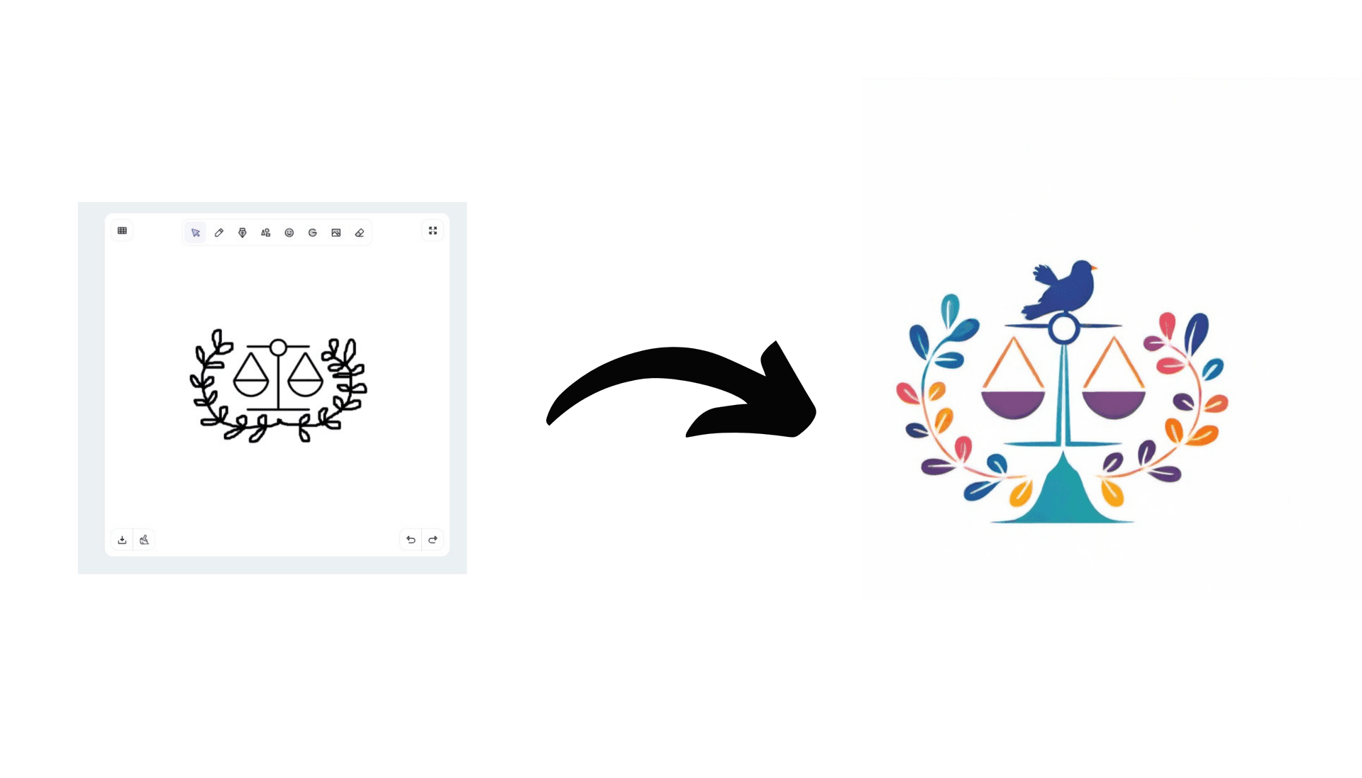 a sketch and a logo of a scale and a bird